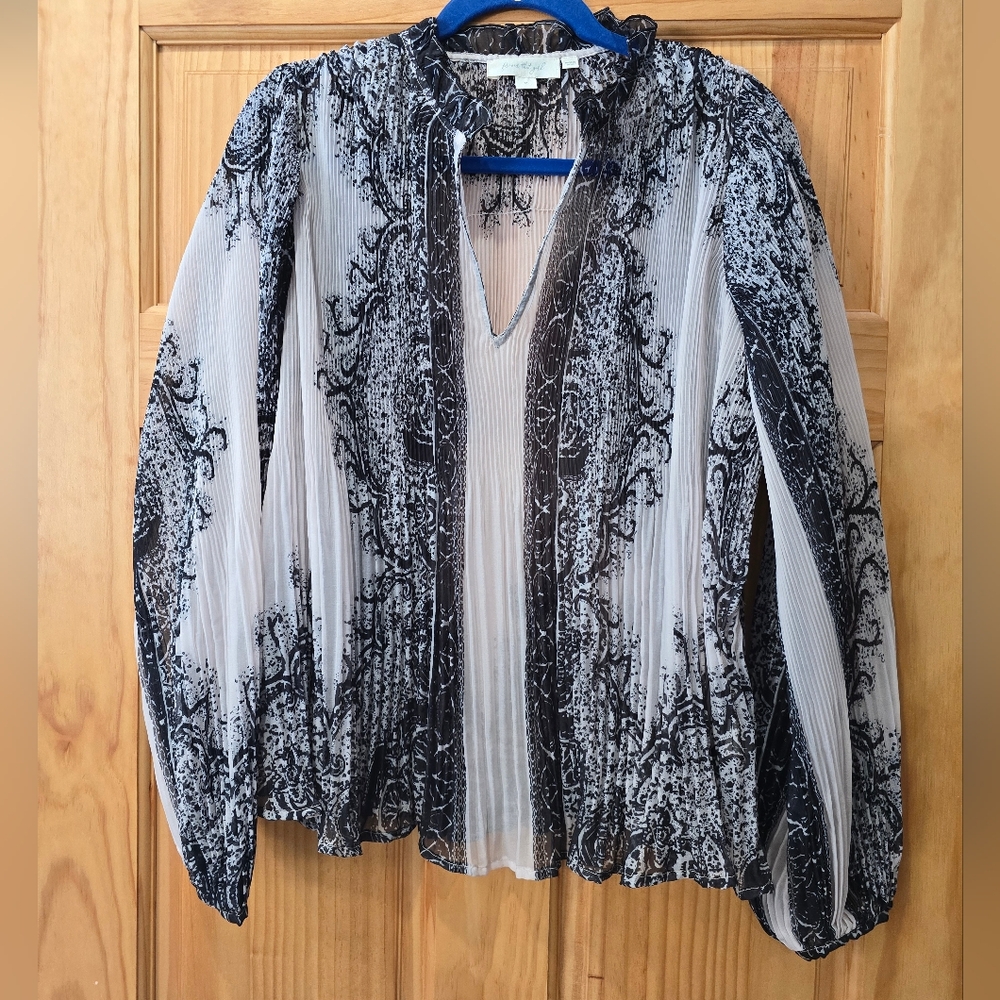 Flower That Girl long sleeve sheer pleated v neck blouse, size M